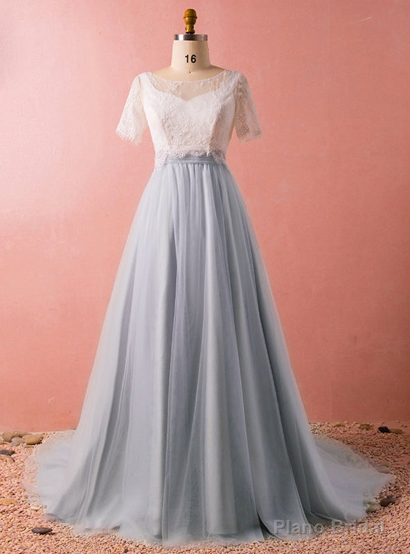 Plus Size Gray Tulle Lace Two Piece Short Sleeve Prom Dress