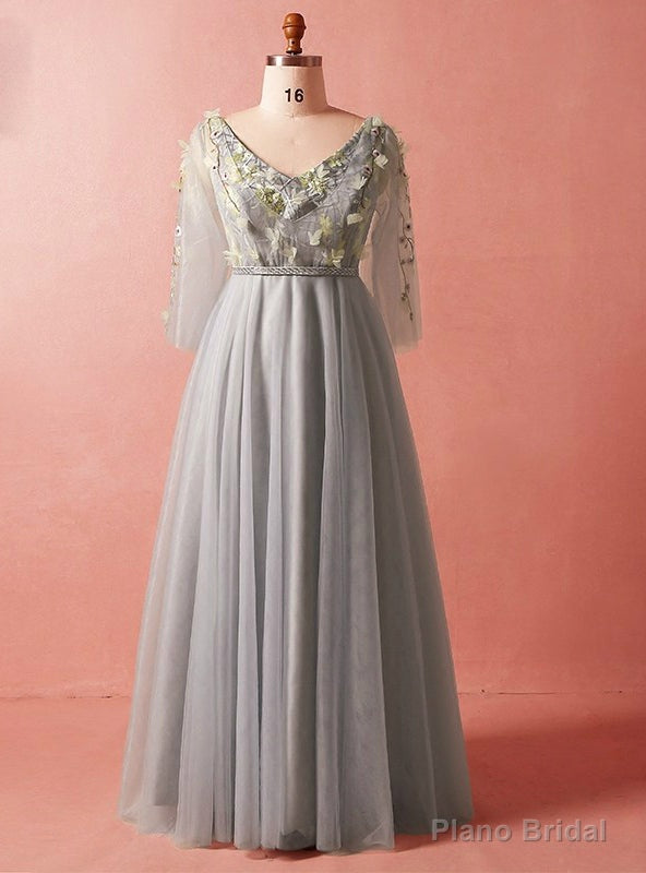 Plus Size Gray V-neck Long Sleeve Tulle Floor Length Prom Dress Main image