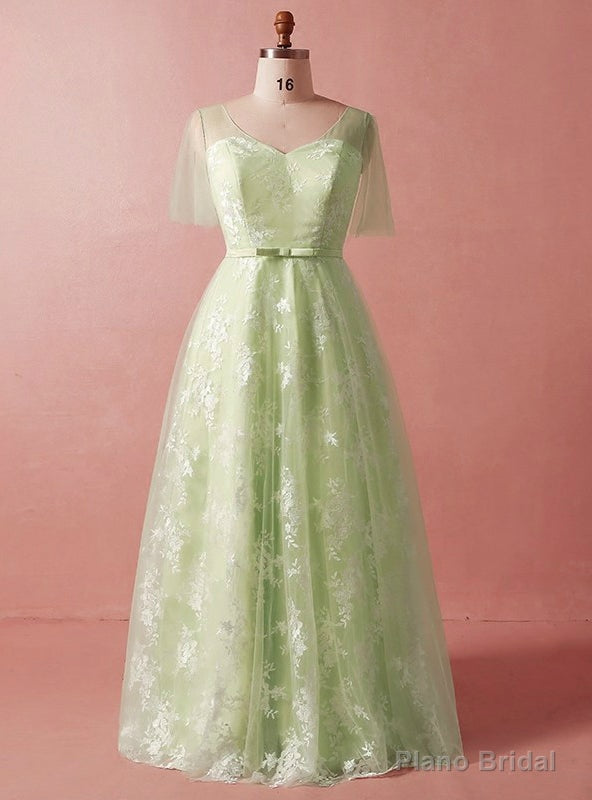 Plus Size Green Lace Tulle Short Sleeve V-neck Prom Dress Main image