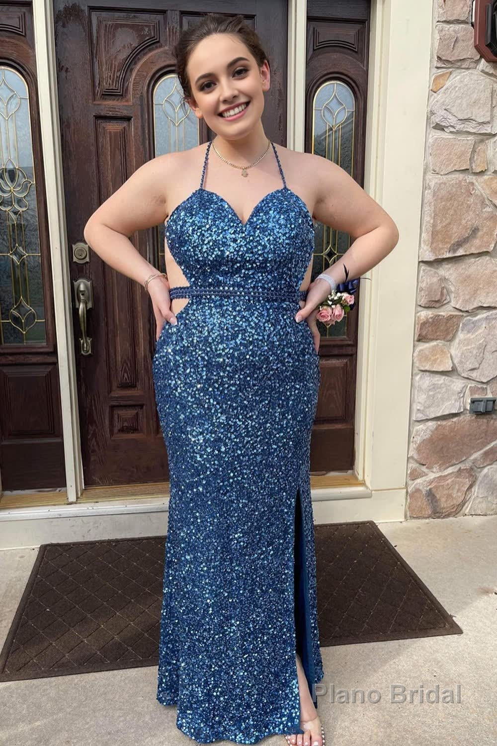 Plus Size Mermaid Grey Blue Halter Sequins Long Prom Dress Main image