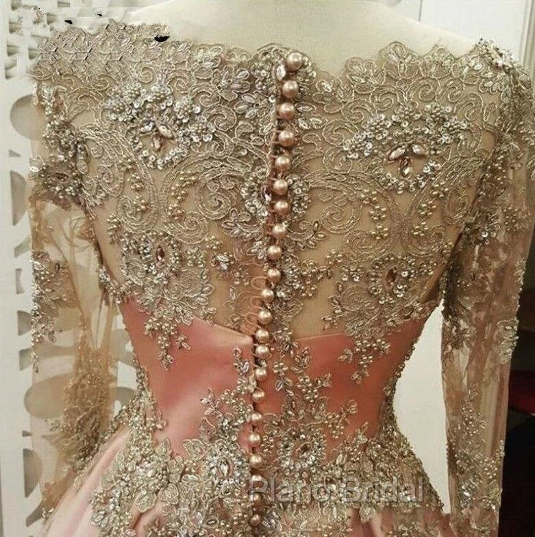 Plus Size Muslim Evening Dresses A-Line Long Sleeves Pearls Lace Islamic Dubai Kaftan Saudi Arabic Long Formal Evening Gown