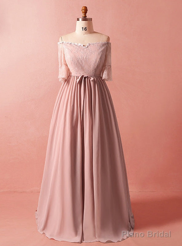 Plus Size Pink Chiffon Short Sleeve Off The Shoulder Prom Dress Main image