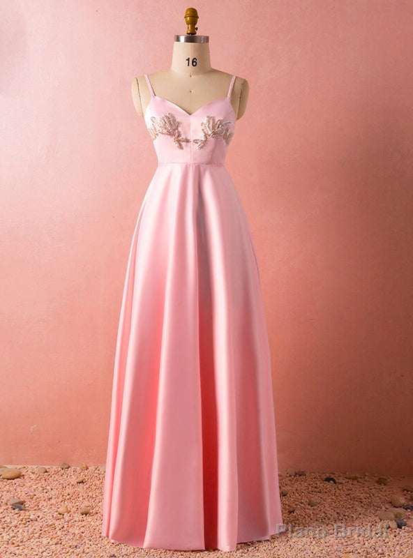 Plus Size Pink Spaghetti Straps Satin Backless Floor Length Prom Dress Main image