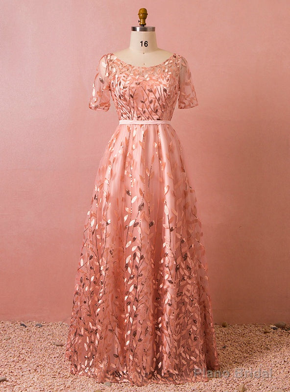 Plus Size Pink Tulle Sequins Short Sleeve Backless Prom Dress Main image