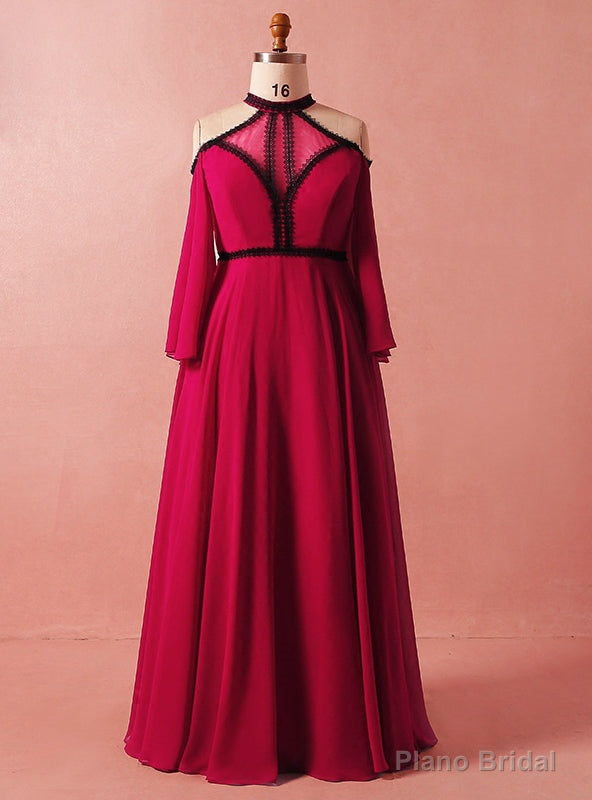 Plus Size Red Long Sleeve High Neck Backless High Waist Prom Dress Main image