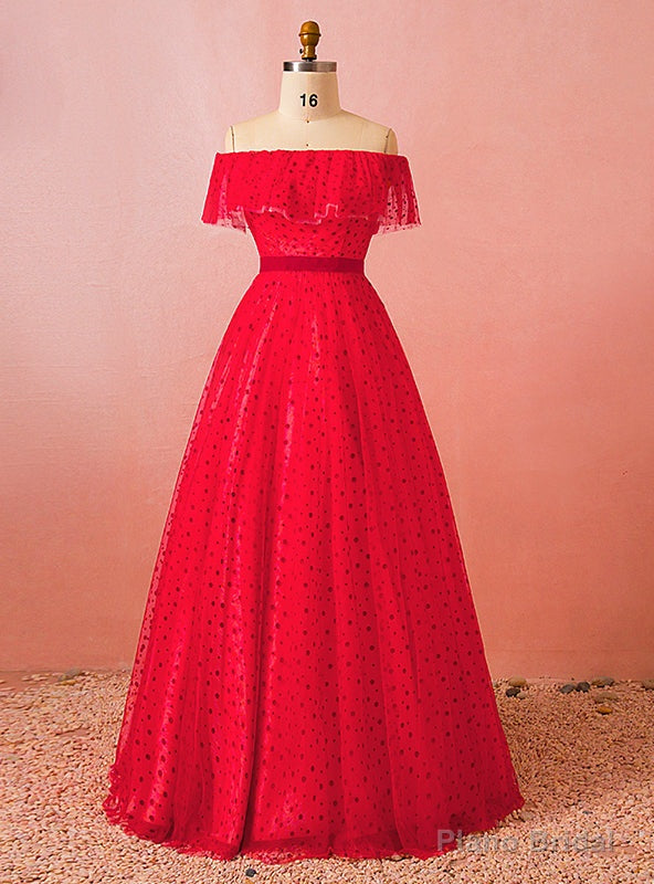 Plus Size Red Tulle Wave Point Off The Shoulder Floor Length Prom Dress Main image