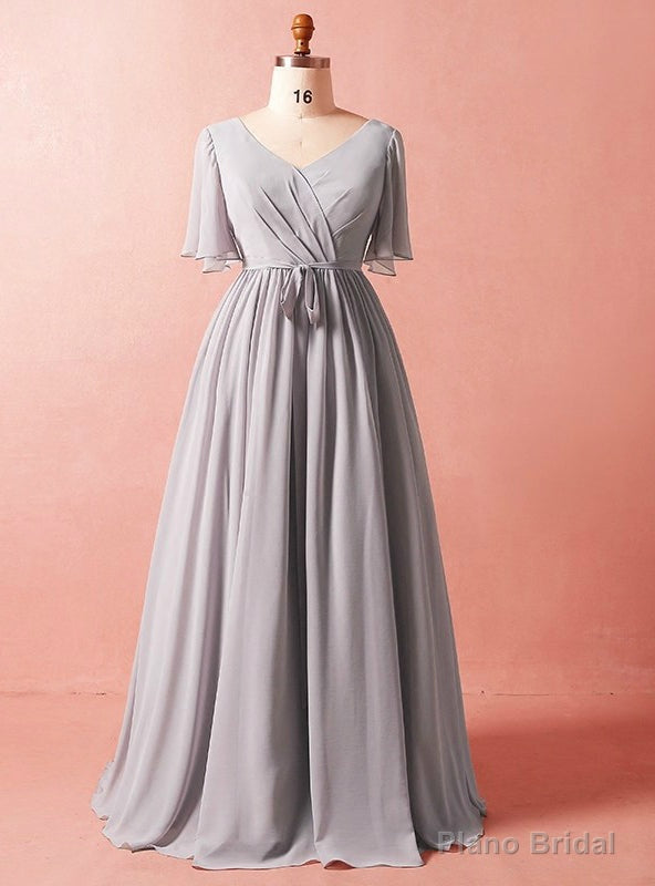 Plus Size Simple Gray Chiffon Short Sleeve Prom Dress Main image