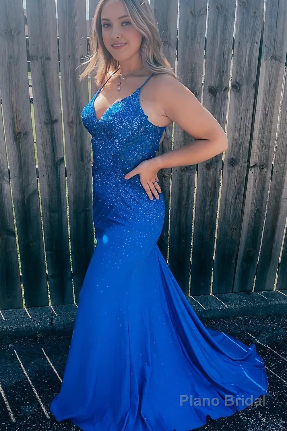 Plus Size Sparkly Spaghetti Straps Royal Blue Sequins Long Prom Dress Main image