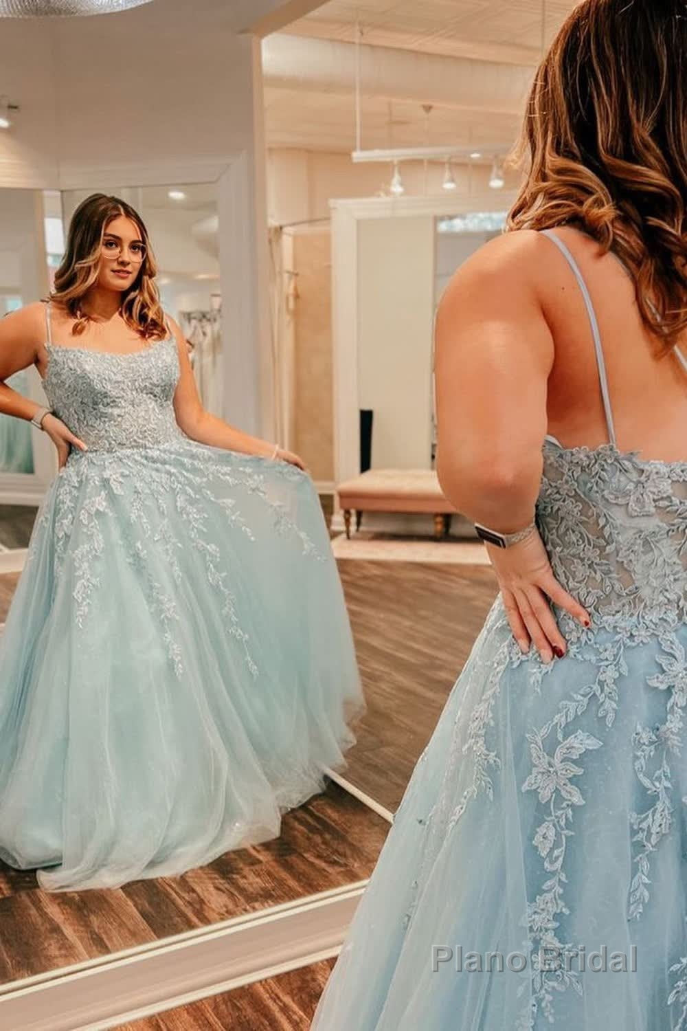 Plus Size Tulle Light Blue Spaghetti Straps Long Prom Dress with Appliques Main image