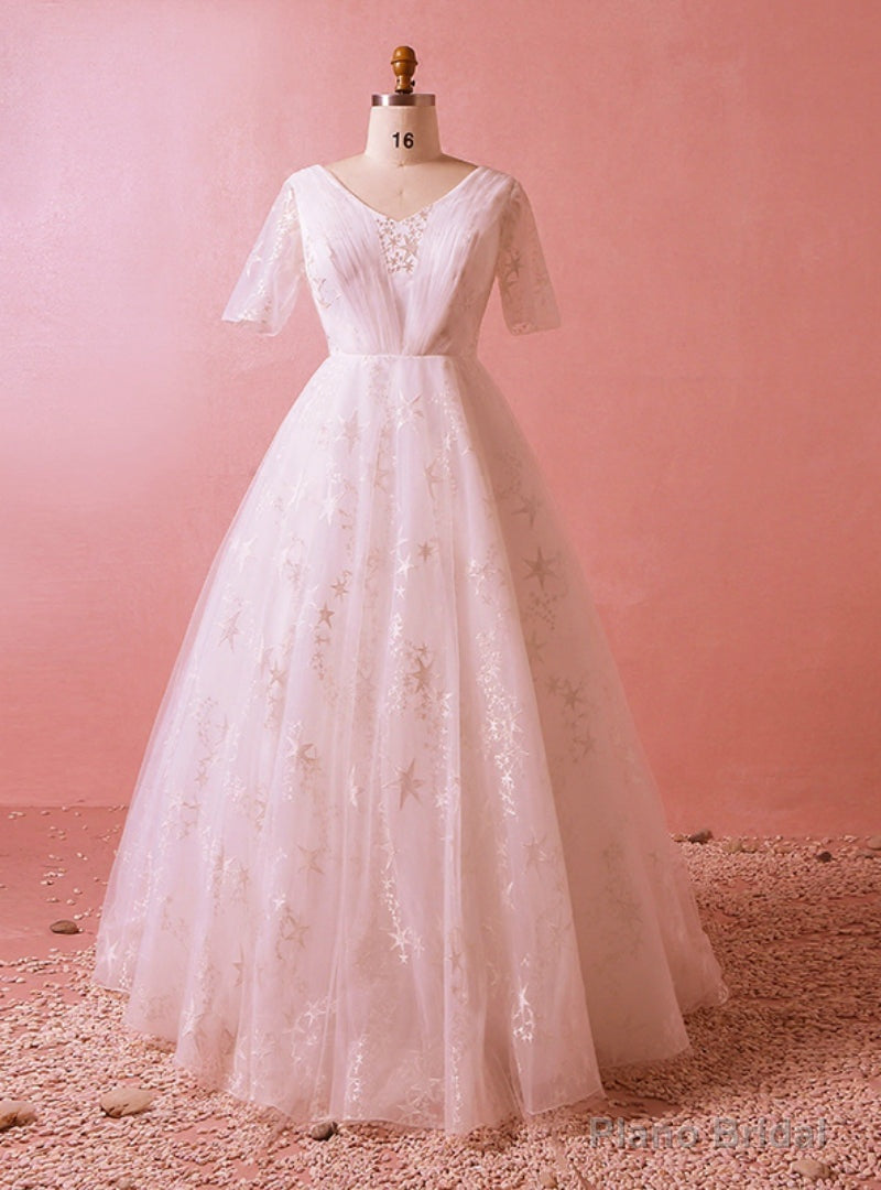 Plus Size White Short Sleeve V-neck Train Tulle Lace Wedding Dress Main image