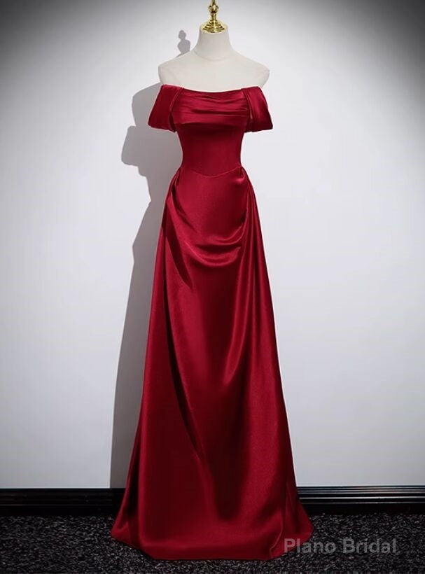 Popular Burgundy Satin Off the Shoulder Pleats Prom Dress Main image