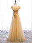 Popular Gold Tulle Cap Sleeve Scoop Beading Prom Dress