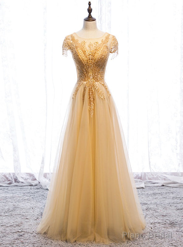 Popular Gold Tulle Cap Sleeve Scoop Beading Prom Dress Main image