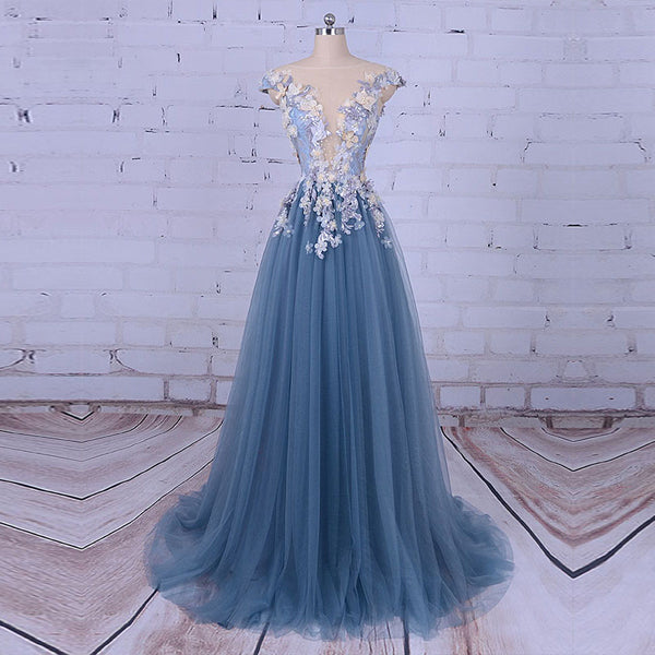 Popular Handmade Flowers V-neck Blue A-line Formal Prom Gown Dresses