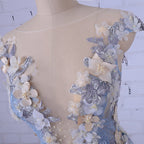 Popular Handmade Flowers V-neck Blue A-line Formal Prom Gown Dresses