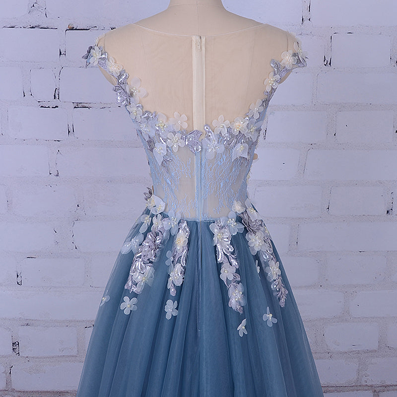 Popular Handmade Flowers V-neck Blue A-line Formal Prom Gown Dresses