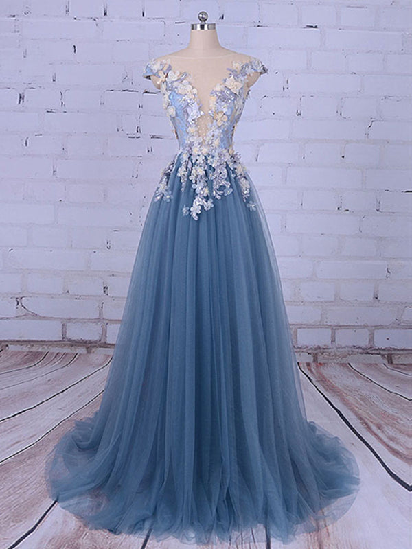 Popular Handmade Flowers V-neck Blue A-line Formal Prom Gown Dresses