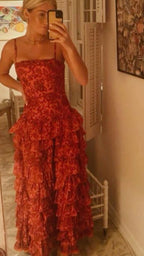 Popular Spaghetti Straps Floor Length Formal Prom Dresses New Fashion Tiered Formal Evening Dresses