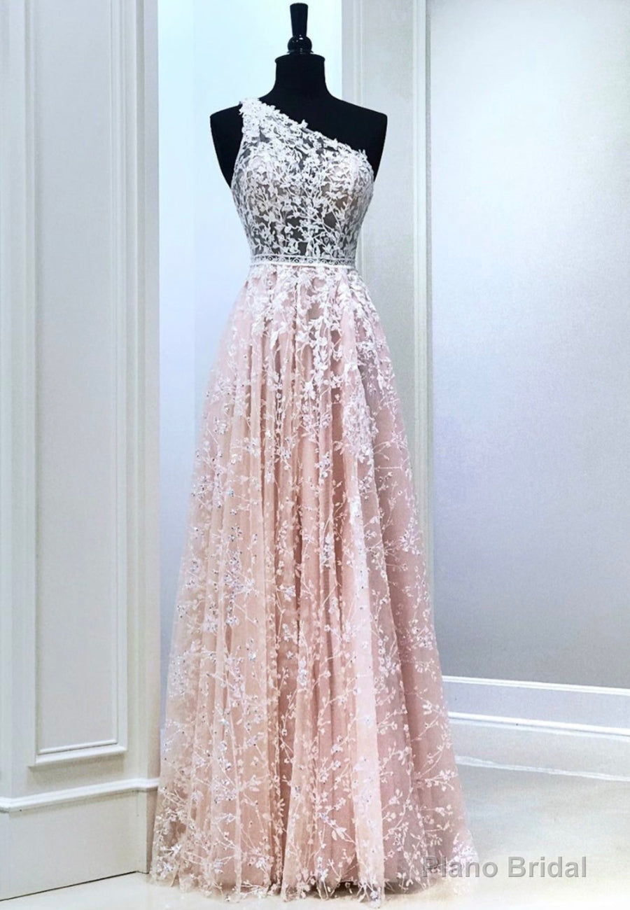 Pink Lace Long Prom Dresses, One Shoulder Evening Party Dresses Main image