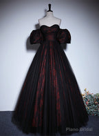 Pretty A-line Black and Red Lace Sweetheart Evening Dress, Black and Red Prom Dress
