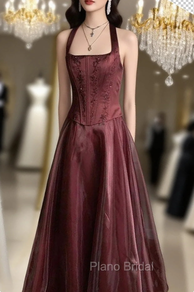 Pretty A Line Halter Burgundy Sleeveless Evening Dresses Organza Long Formal Prom Dresses