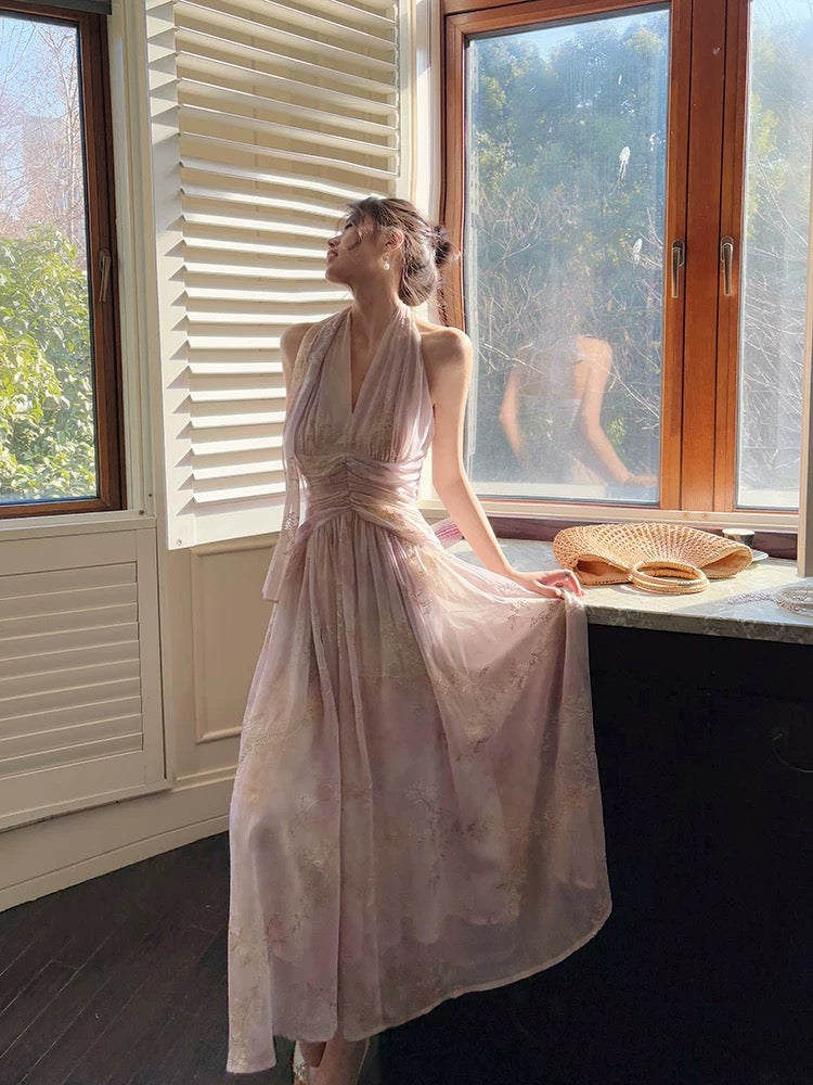Pretty A Line Halter Pink Chiffon Floral Ankle Length Formal Evening Dresses Formal Prom Dresses