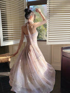 Pretty A Line Halter Pink Chiffon Floral Ankle Length Formal Evening Dresses Formal Prom Dresses