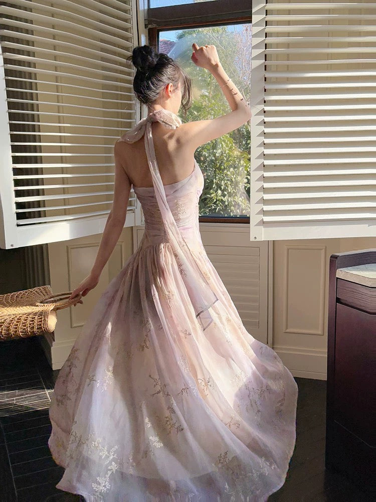 Pretty A Line Halter Pink Chiffon Floral Ankle Length Formal Evening Dresses Formal Prom Dresses