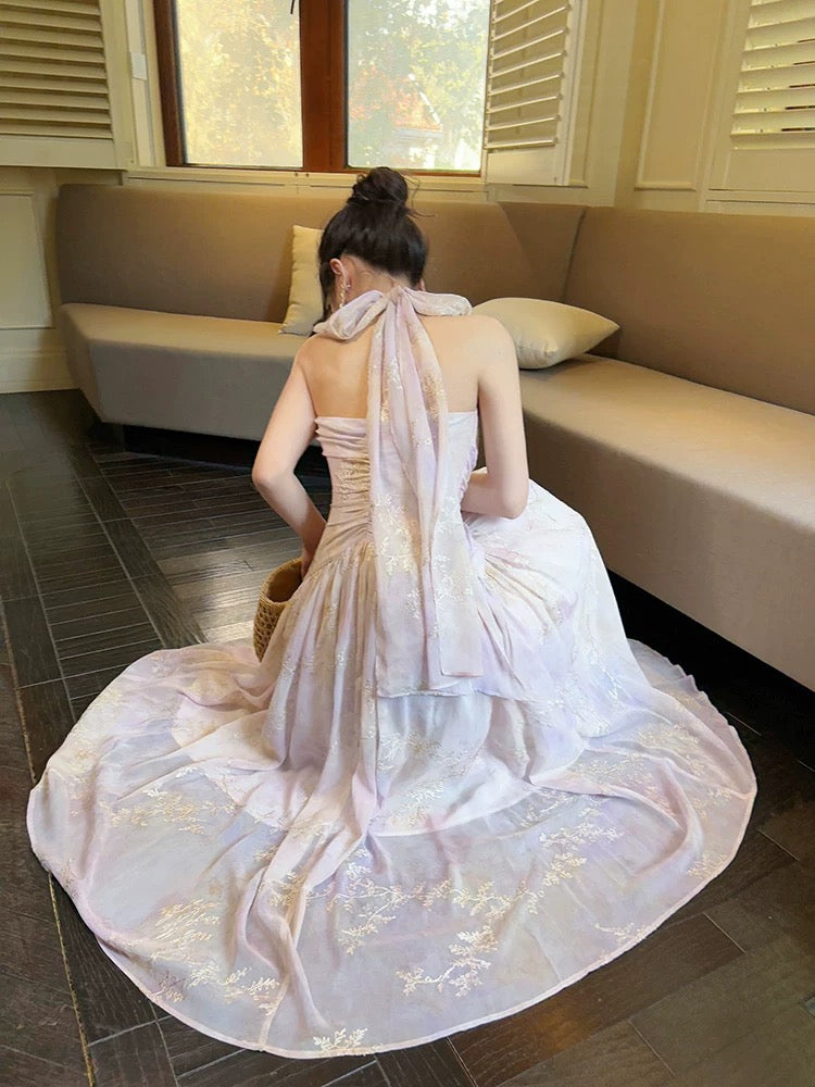 Pretty A Line Halter Pink Chiffon Floral Ankle Length Formal Evening Dresses Formal Prom Dresses
