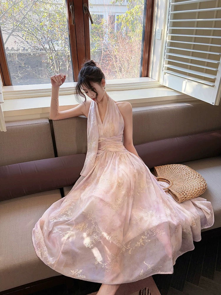 Pretty A Line Halter Pink Chiffon Floral Ankle Length Formal Evening Dresses Formal Prom Dresses