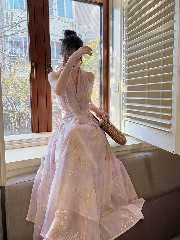 Pretty A Line Halter Pink Chiffon Floral Ankle Length Formal Evening Dresses Formal Prom Dresses Main image
