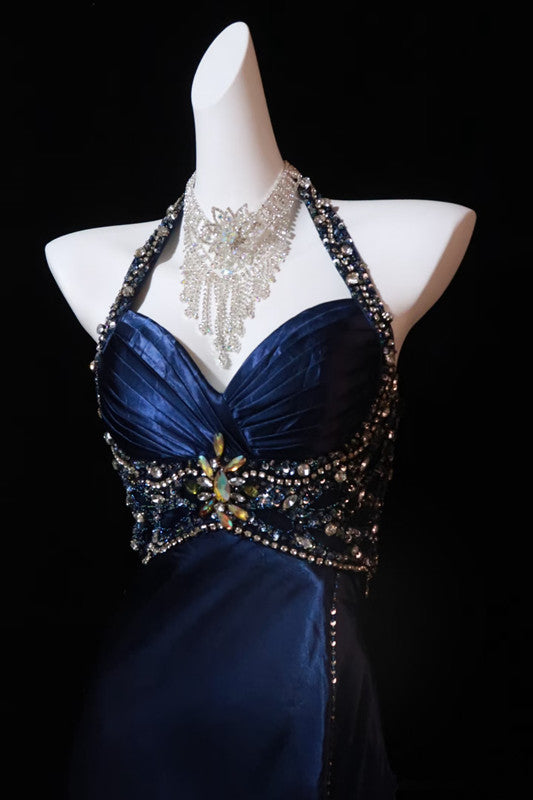Pretty A Line Halter Sleeveless Navy Blue Slit Beads Long Formal Prom Dresses Formal Evening Dresses Secondary image
