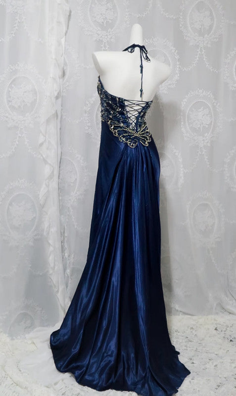 Pretty A Line Halter Sleeveless Navy Blue Slit Beads Long Formal Prom Dresses Formal Evening Dresses