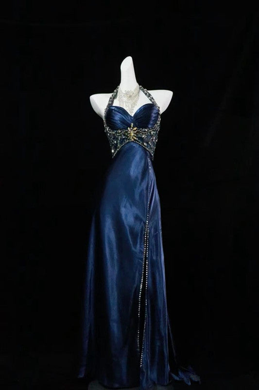 Pretty A Line Halter Sleeveless Navy Blue Slit Beads Long Formal Prom Dresses Formal Evening Dresses