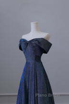 Pretty A Line Off The Shoulder Blue Sequin Long Formal Prom Dresses Evening Gowns