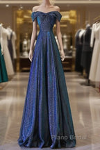 Pretty A Line Off The Shoulder Blue Sequin Long Formal Prom Dresses Evening Gowns