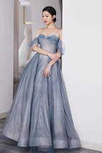 Pretty A Line Off The Shoulder Blue Sequin Tulle Long Length Formal Dresses Formal Prom Dresses