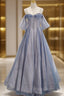 Pretty A Line Off The Shoulder Blue Sequin Tulle Long Length Formal Dresses Formal Prom Dresses