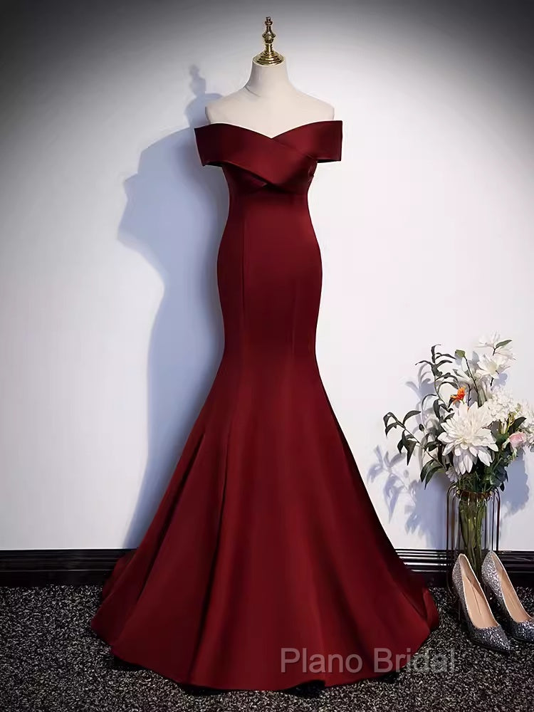 Pretty A Line Off The Shoulder Burgundy Satin Long Formal Party Dresses Formal Prom Dresses With Bow
