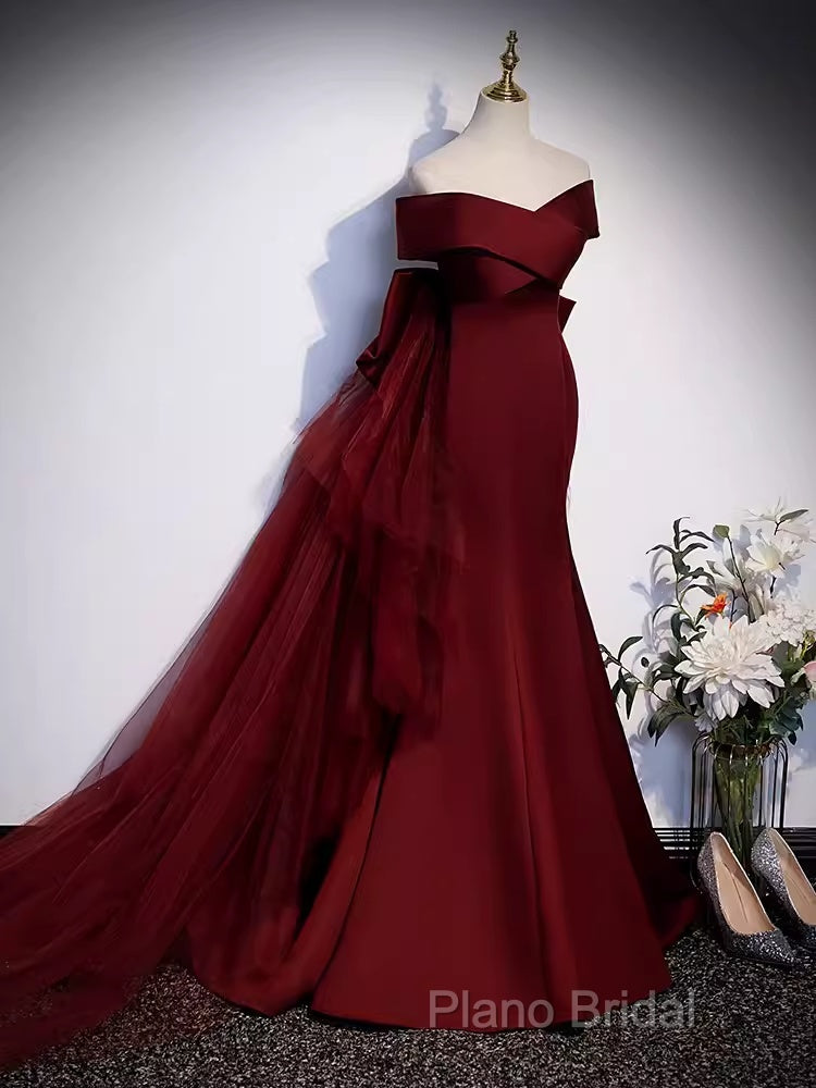 Pretty A Line Off The Shoulder Burgundy Satin Long Formal Party Dresses Formal Prom Dresses With Bow