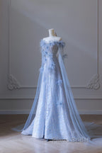 Pretty A Line Off The Shoulder Floor-Length Blue Sequin Short Sleeves Evening Dresses Formal Prom Dresses
