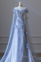 Pretty A Line Off The Shoulder Floor-Length Blue Sequin Short Sleeves Evening Dresses Formal Prom Dresses