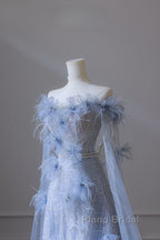 Pretty A Line Off The Shoulder Floor-Length Blue Sequin Short Sleeves Evening Dresses Formal Prom Dresses