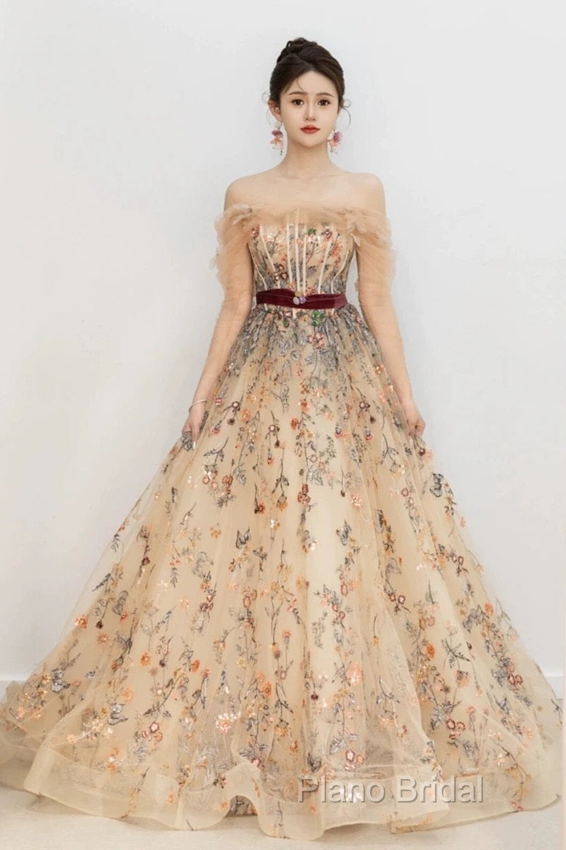 Pretty A Line Off The Shoulder Long Sleeves Floral Tulle Long Length Formal Dresses Formal Prom Dresses Secondary image