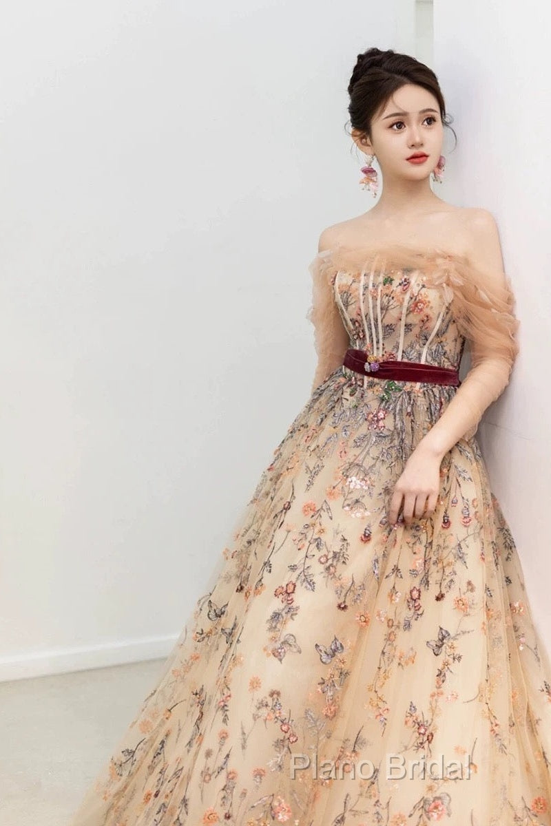 Pretty A Line Off The Shoulder Long Sleeves Floral Tulle Long Length Formal Dresses Formal Prom Dresses