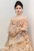 Pretty A Line Off The Shoulder Long Sleeves Floral Tulle Long Length Formal Dresses Formal Prom Dresses