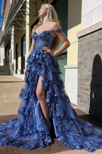 Pretty A-Line Off The Shoulder Pink Lace Slit Long Formal Prom Dresses Formal Evening Dresses