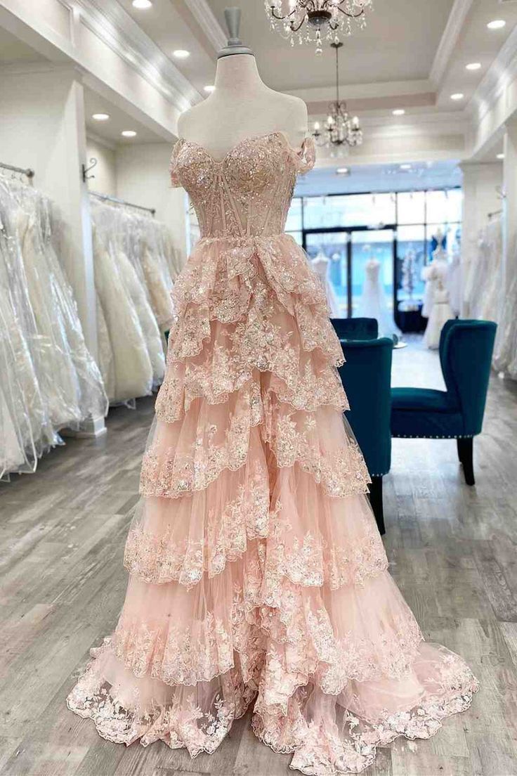 Pretty A-Line Off The Shoulder Pink Lace Slit Long Formal Prom Dresses Formal Evening Dresses Secondary image