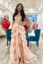 Pretty A-Line Off The Shoulder Pink Lace Slit Long Formal Prom Dresses Formal Evening Dresses