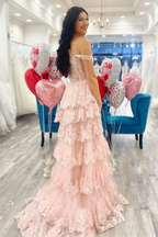 Pretty A-Line Off The Shoulder Pink Lace Slit Long Formal Prom Dresses Formal Evening Dresses